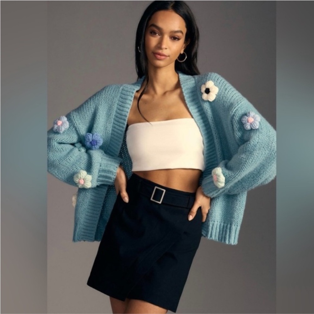 Anthropologie Maeve Blue Cardigan with 3D Floral Accents One Size EUC
